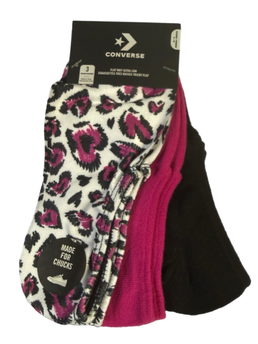 Converse Made for Chucks Leopard Heart Ultra Low Socks 3 Pack Pink Black NWT
